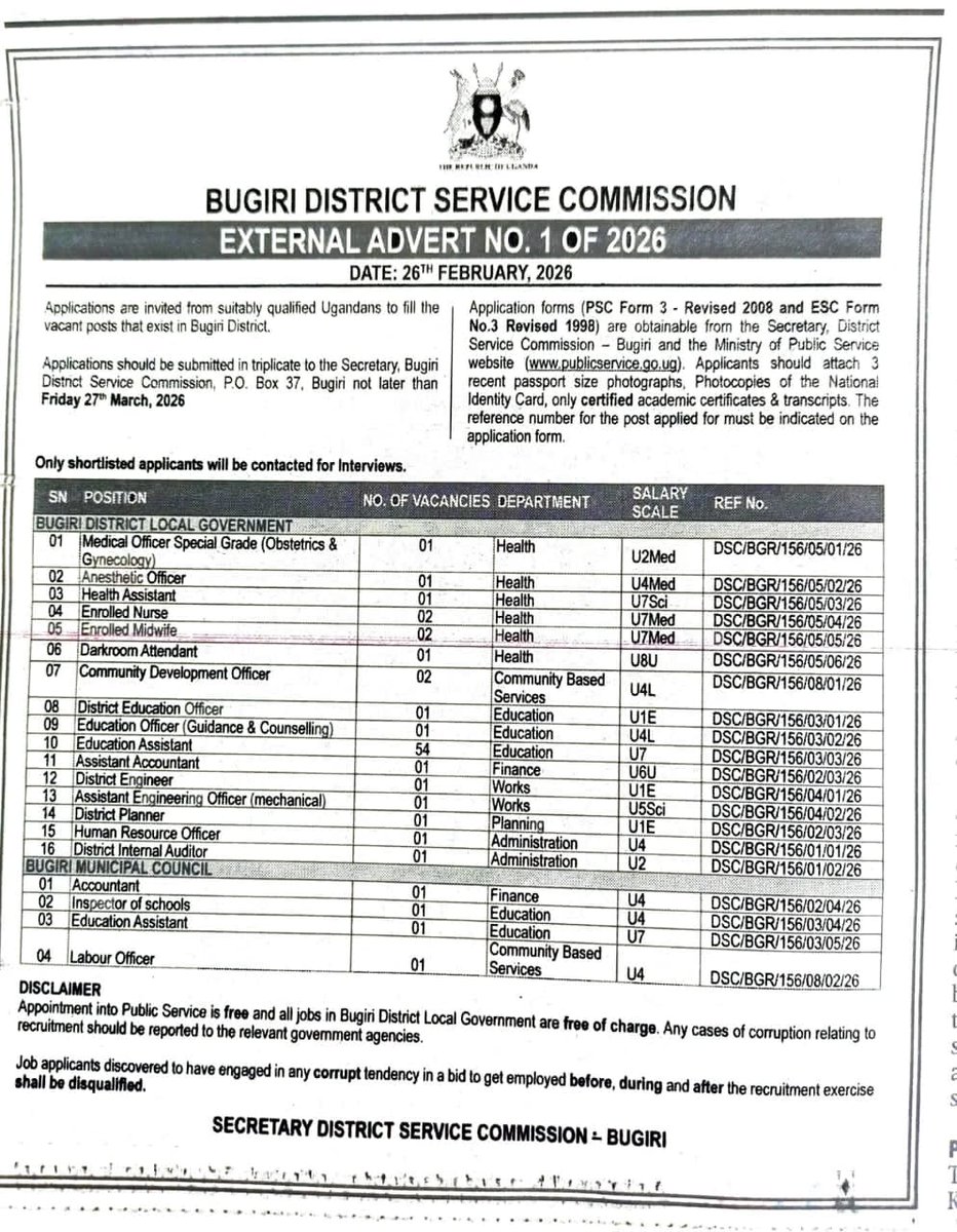 Bugiridistrict's tweet photo. Job opportunities in Bugiri District local Government. Applications should be submitted not later than Friday 27th March 2026. https://t.co/PD0F18LXs1