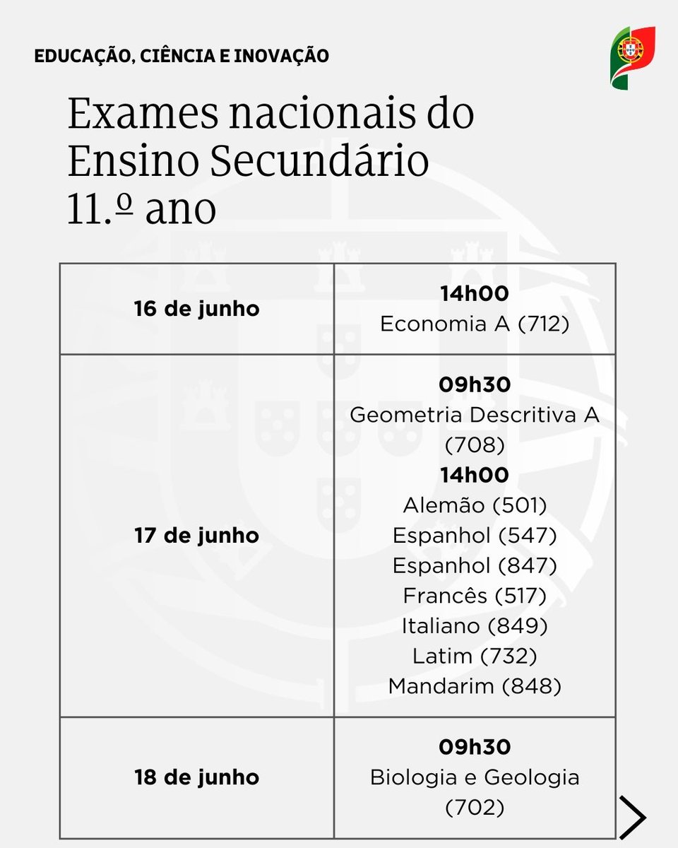 Educacao_PT's tweet photo. Já são conhecidas as datas para inscrição nos Exames Nacionais do Ensino Secundário.
Para saber como realizar a inscrição, consulte as instruções oficiais: https://t.co/pEFJ8Uf62J
O Guia Geral de Exames 2026 também já está disponível: https://t.co/ArI3XLiSBF... https://t.co/glRaeqL34n