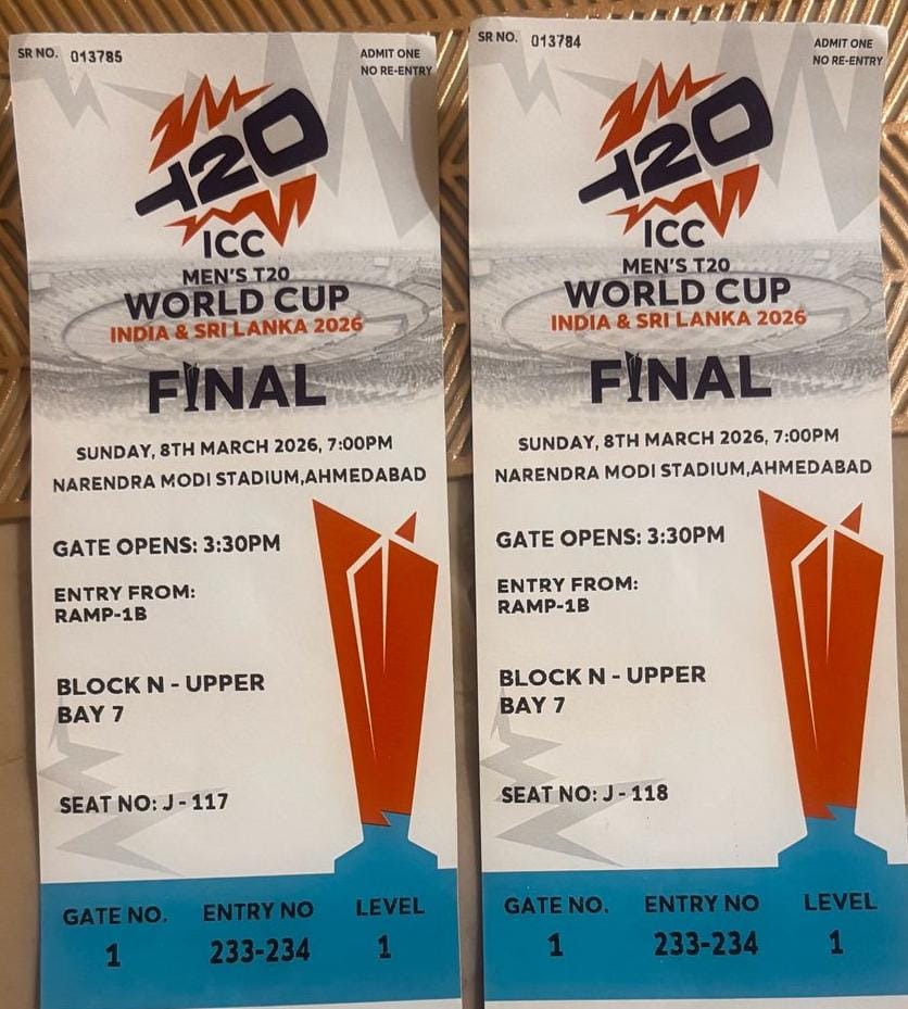 anshul4ever's tweet photo. I have two #T20WorldCup2026 final #tickets, won't be able to go hence selling. 
Physical tickets are up for pickup from Mumbai.
WhatsApp me at 9967730865.
#WC #INDvsNZL #WorldCup2026 #Tickets #wcfinal https://t.co/9zvN65oHw0