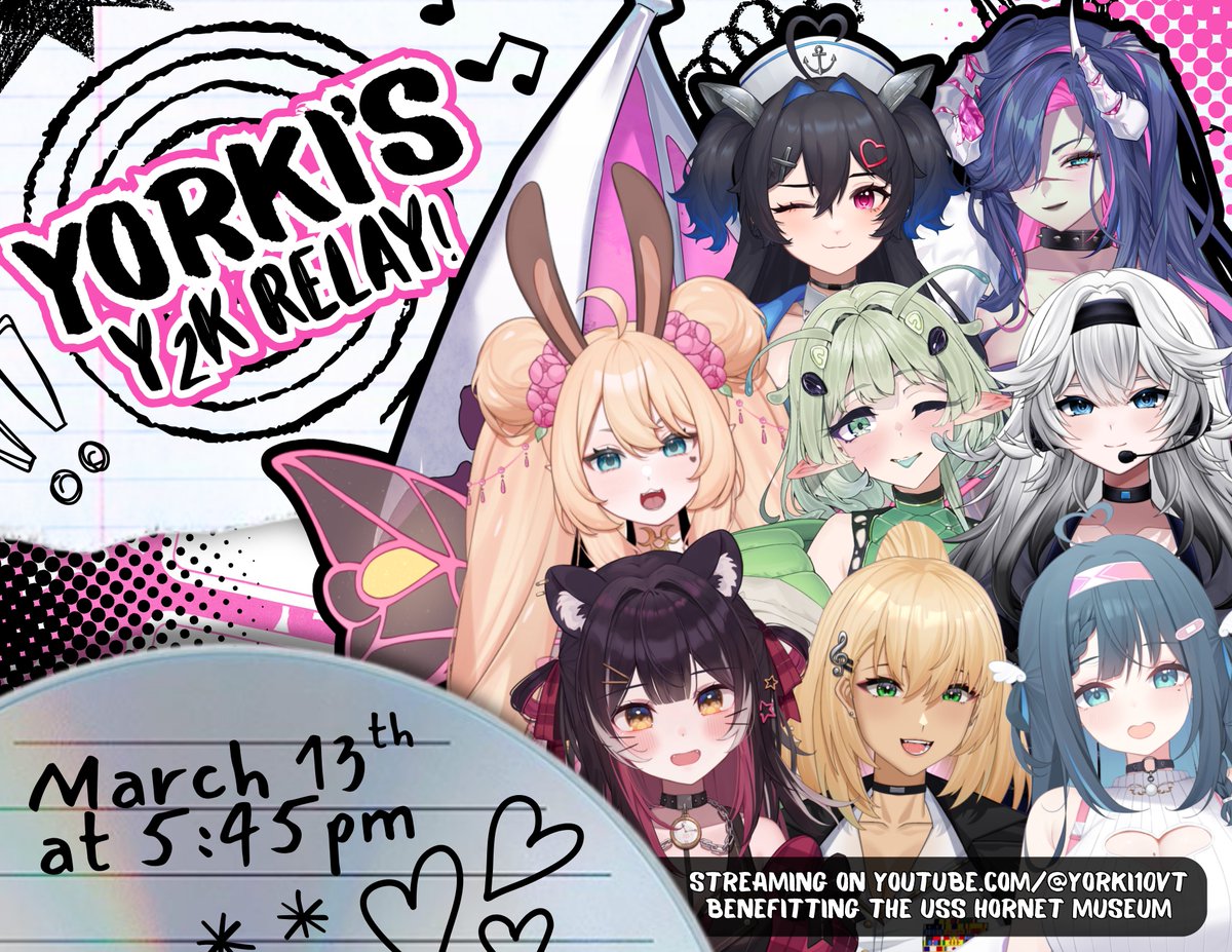 💿 YORKI'S Y2K RELAY 💞

To celebrate my debut, I’ve decided to host a charity benefit karaoke relay supporting the USS Hornet Sea, Air, and Space Museum! 💞

💿 March 13th at 5:45PM EDT
💞 Starting on Yorki's Channel