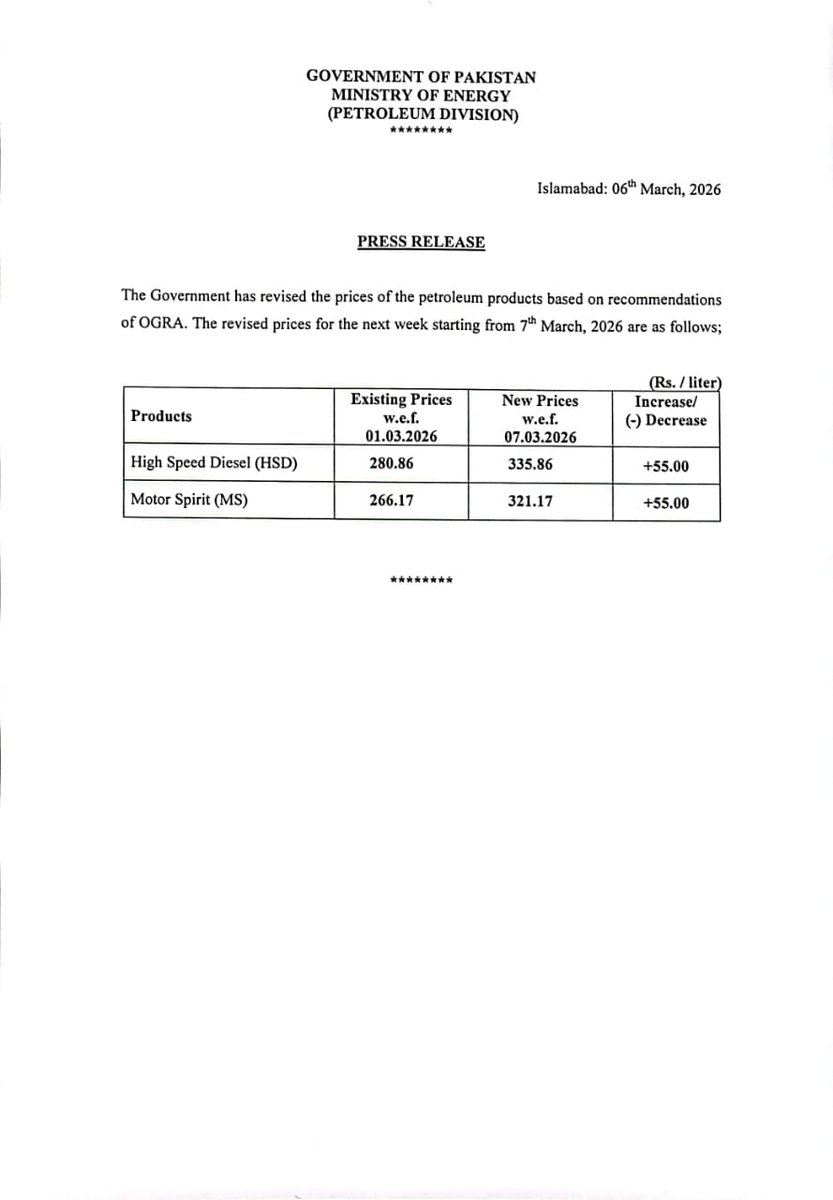 پیٹرولیم مصنوعات کی قیمتوں میں بڑا اضافہ 

حکومت نے پیٹرول اور ڈیزل کی فی لیٹر قیمت میں 55 روپے اضافہ کر دیا 

وزارت توانائی پیٹرولیم ڈویژن نے نئی قیمتوں کا نوٹیفکیشن جاری کر دیا 

55 روپے اضافے سے ہائی سپیڈ ڈیزل کی نئی قیمت 335 روپے 86 پیسے مقرر 

55 روپے اضافے سے پیٹرول کی نئی
