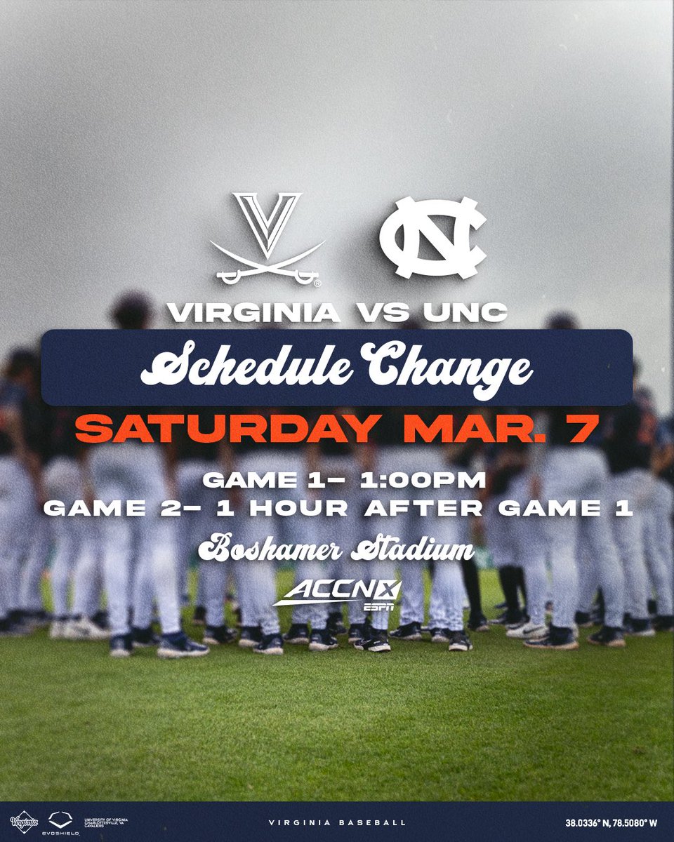UVABaseball's tweet photo. 🚨 SCHEDULE UPDATE 🚨

The Hoos and Tar Heels will play two tomorrow! 

#GoHoos https://t.co/PC4X10XQbf