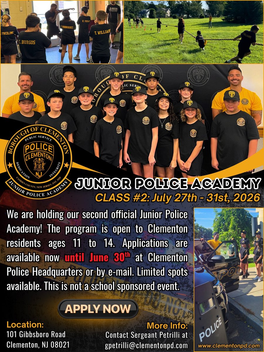 ClementonPD's tweet photo. Following the success of our 2025 academy, we are proud to announce that the Clementon Junior Police Academy is back for Class #2! https://t.co/ebRVVDoEcd
