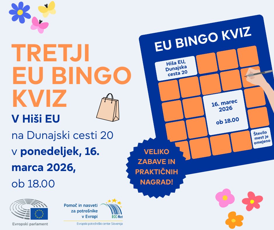 [NAPOVEDUJEMO]
TRETJI EU BINGO KVIZ! 
Ponedeljek, 16. marec, 18.00
Hiša EU, Dunajska 20, Ljubljana

Vabimo vas na kviz z zabavnimi in zanimivimi vprašanji o Evropski uniji in aktualnih evropskih temah.

Dogodek bo povezoval Sašo Stare.

Prijave: info@hisaeu.si, tel. 01 252 88 43.