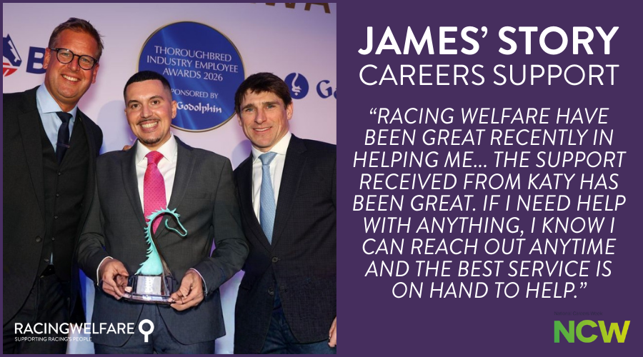 Racingwelfare's tweet photo. From his first job at Chasemore Farm to recognition at the Godolphin Thoroughbred Industry Employee Awards 🏆

James shares how Racing Welfare supported his journey into racing.

Read more 👇
 https://t.co/djcN17E9XX https://t.co/clVEp7qt9n
