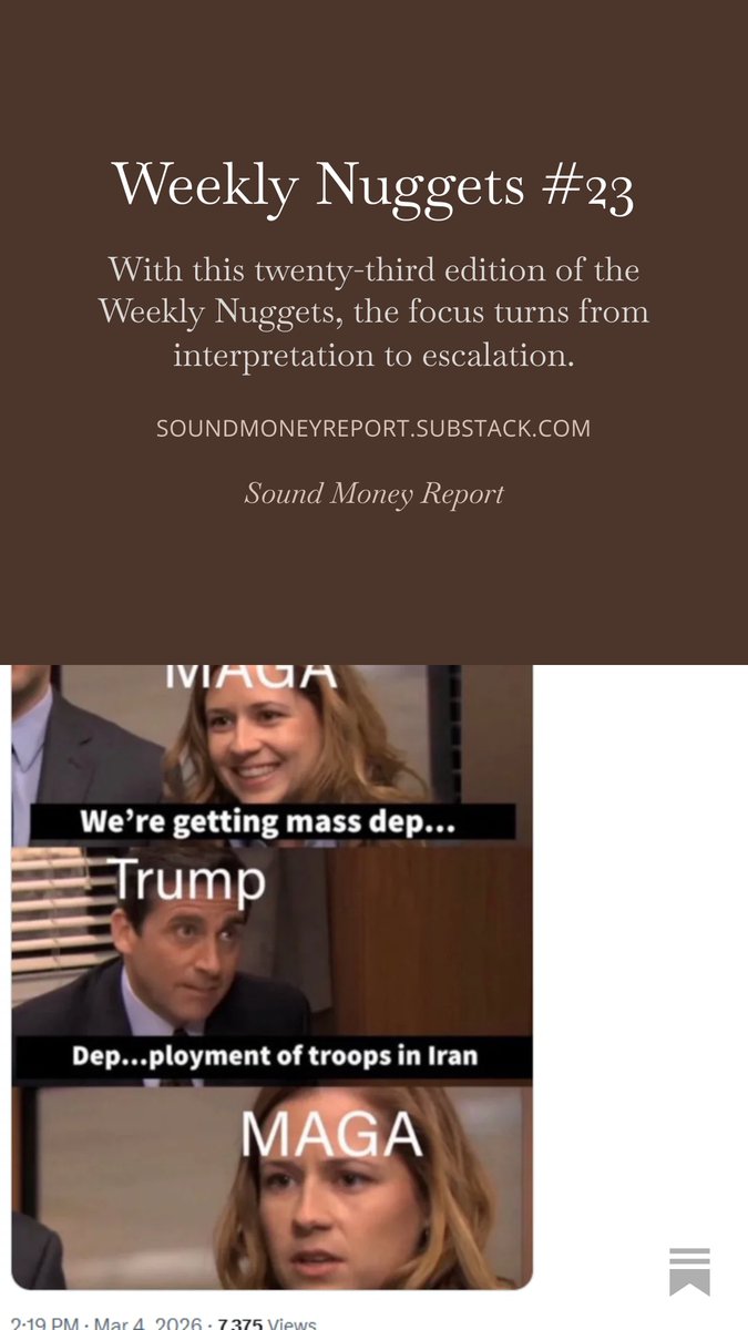 SoundMoneyRpt's tweet photo. 🚨 Weekly Nuggets #23 is out now!
This week’s edition dives into escalating geopolitical tensions, the shifting global power balance, and what it all means for markets, commodities, and financial stability. 🌍⚡️
#GoldInvesting #PreciousMetals #EnergySector #AIBoom #Geopolitics https://t.co/jEtMNZW97S