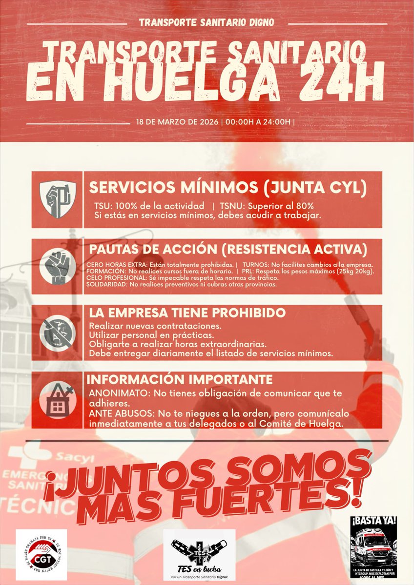 🚑 EL 18 DE MARZO, EL TRANSPORTE SANITARIO VA A HUELGA 24H
🫵🏼No es un capricho. 🫵🏼No es un gesto simbólico. 🫵🏼Es una respuesta a los abusos, al desgaste y a la falta de respeto.
🫵🏼Paramos por dignidad. #HuelgaTransporteSanitario #18DeMarzo
Abro 🧵 1/10
