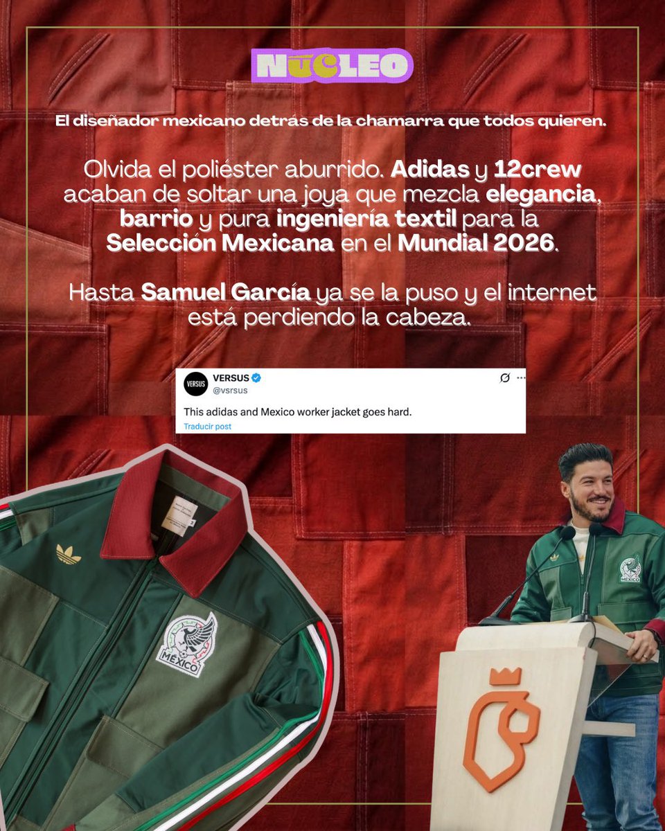 estoesnucleo's tweet photo. ¡Ayyyy papá! ¿Ya viste la nueva chamarra de la que todxs están hablando? 👀 Sí, la work jacket de adidas (como la que trae Samuel) para la selección mexicana este 2026. Si te da intriga, te contamos su historia.

En foto: @samuel_garcias https://t.co/cnx7EQBCwh