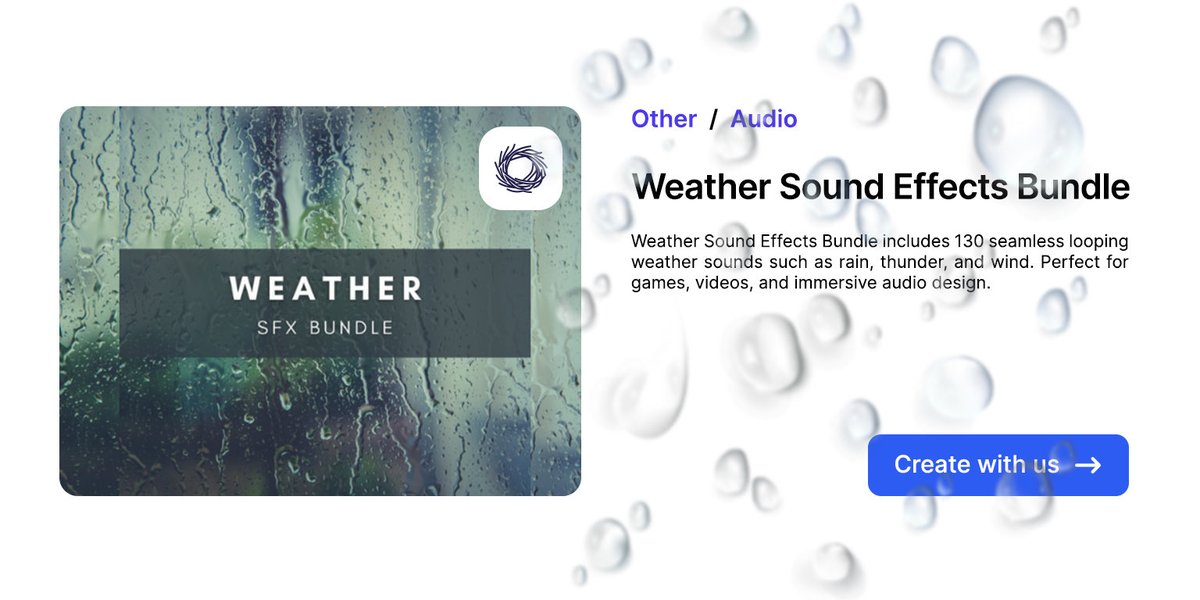 RenderNestLTD's tweet photo. Bring your scenes to life with realistic weather sounds. 🌧️ 130 seamless loops including rain, thunder, and wind. Perfect for games, videos, and immersive projects. High quality WAV files with over 2 hours of audio. #SoundEffects #GameAudio #GameDev #SoundFX #CreativeNest https://t.co/2weRem746I