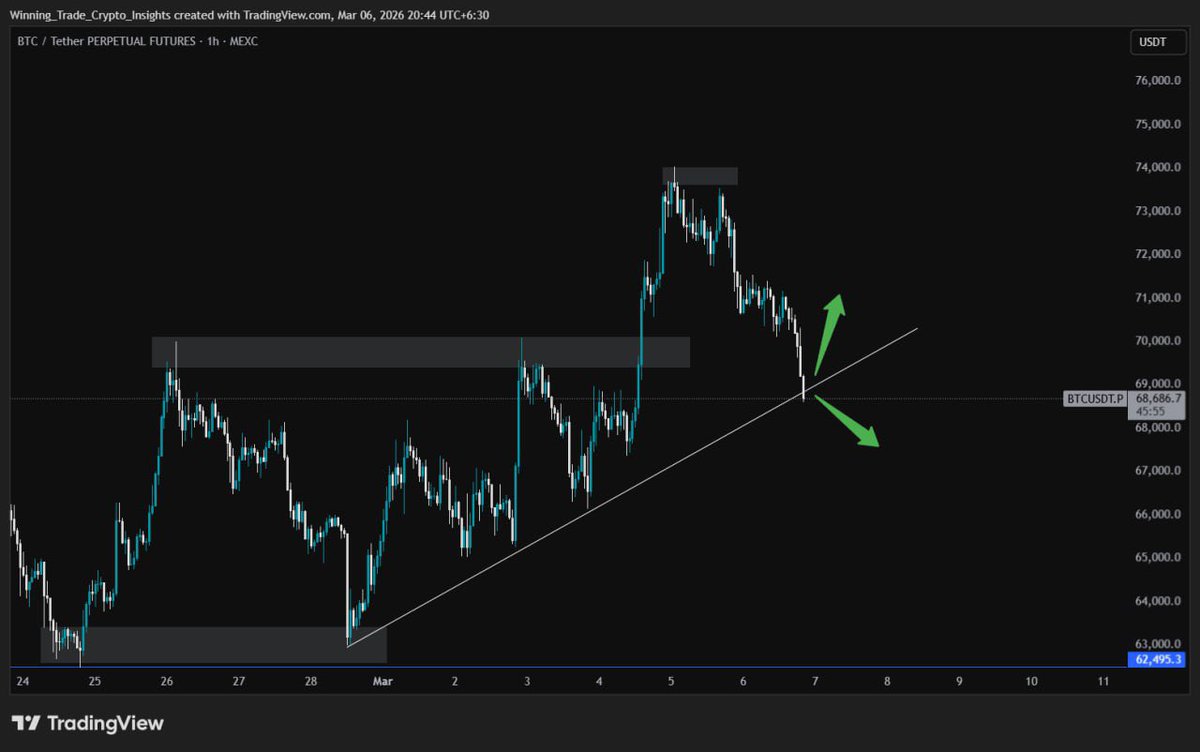 wtcryptoinsight's tweet photo. $BTC at a Critical Junction! 🚨📉

Bitcoin is currently testing the make-or-break trendline support.

📍 Watch closely: A bounce here leads us back to $71k, but a confirmed breakdown could trigger a deeper correction.

#Bitcoin #BTC #CryptoAnalysis #WinningTrade #TradingUpdate https://t.co/y0un1paahD