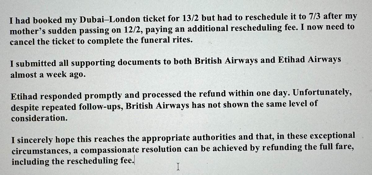 Thank you, <a href="/etihad/">Etihad Airways</a>, for your kindness and sensitivity during this difficult time. Your prompt support is truly appreciated.
I only wish the same could be said for <a href="/British_Airways/">British Airways</a>. 
I sincerely hope they reconsider and extend the same understanding and compassion.