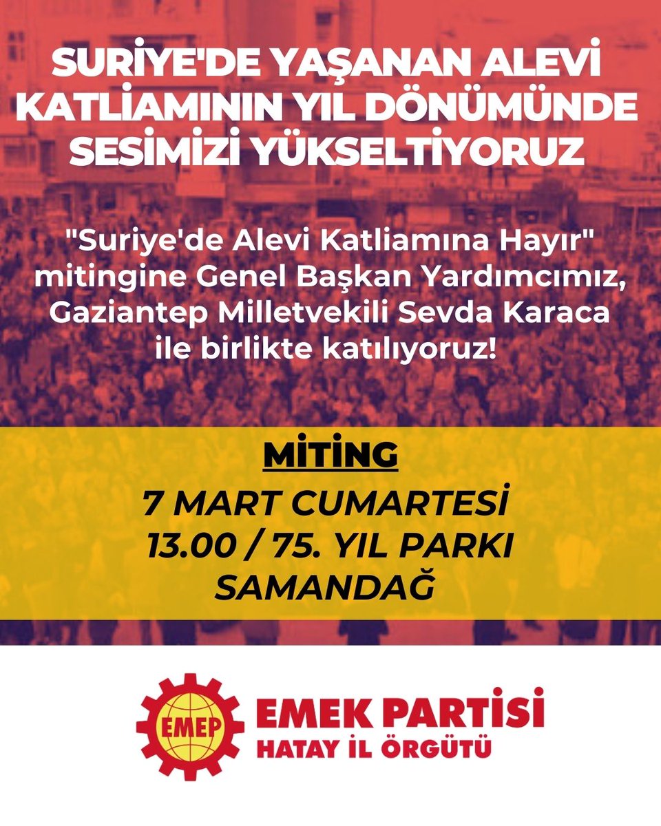 sevdakaraca's tweet photo. Suriye’de Alevilere yönelen soykırımın birinci yılı geride kalıyor.

Saldırılarda on binlerce Alevi katledildi, yerinden edildi. Kadınlar kaçırılıp tecavüze uğradı ve satıldı, çocuklar ailelerinden koparıldı.

Alevilerin topraklarına ve mallarına el konuldu, insanlar işlerinden atılarak açlığa mahkûm edildi.

Saldırıların yıl dönümünde, 7 Mart’ta birçok merkezde alanlara çıkılacak. Bu merkezlerden biri de Samandağ.

Biz de Hatay il Örgütümüzle birlikte ezilen halklara yönelik katliam tehditlerine, Ortadoğu’nun ve bölgenin giderek daha fazla savaş bataklığına çekilmesine izin vermemek, halkların eşit ve özgür yaşam talebini yükseltmek için Samandağ'da olacağız.

#soykırımakarşıalanlardayız
#suriyedealevisoykırımıvar
#standagainstgenocide