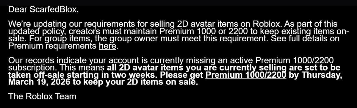 scarfednathan's tweet photo. Roblox is really making me pay for a premium monthly subscription just to keep items on sale that I already paid to upload. That’s wild. https://t.co/YsRG6OPM6E