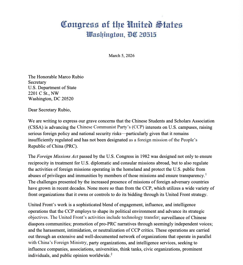 Michael7ucci's tweet photo. 🚨Yesterday, Congressional leaders called on @SecRubio to designate Chinese Students &amp; Scholars Associations as a foreign mission of Communist China. 

Picked leaders. Loyalty oaths. Consulate control. Thefts, repression, assaults, harassment, spying.
 
CSSAs are CCP agents🧵👇 https://t.co/cLbv5atOLm