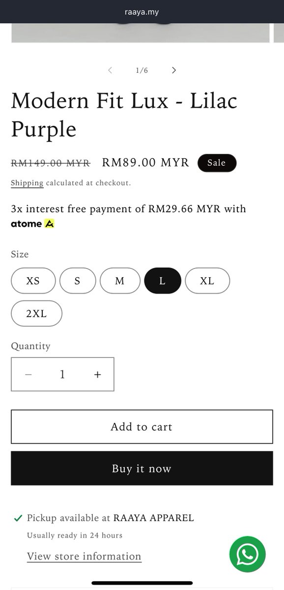 Korang yang belum baju melayu tu tolonglah support brand ni jangan bagi dia tutup. Kain dia sedap/sejuk pakai seharian, warna pun cantik. Tahun lepas aku beli brand ni, tahun ni beli lagi. Tapi dia kata tahun ni last. Harga baju melayu dia semua RM89 je. Aku beli lilac ni.