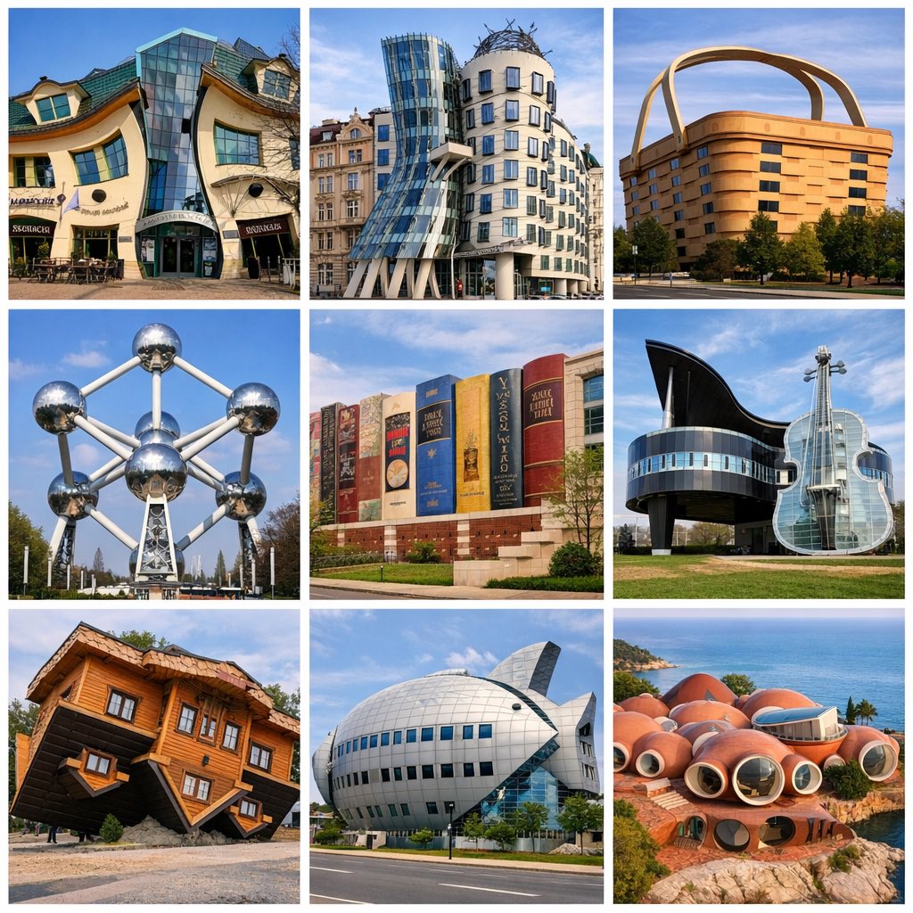 🏯The World’s Most Unusual Buildings with a Wow Effect 🌍
1.Krzywy Domek (Poland) — a “melted” house that looks like it came from a fairy tale or a painting by Salvador Dalí.
2.Dancing House (Czech Republic) — a building resembling the dancing duo Fred Astaire and Ginger Rogers.