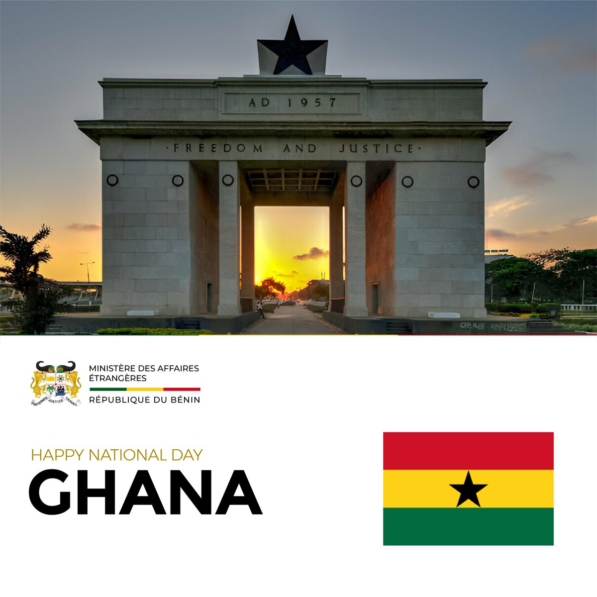 BeninDiplomatie's tweet photo. 🇧🇯🤝🇬🇭 | En ce jour spécial, le Bénin se joint au Ghana pour célébrer sa Fête nationale ! Nos pays sont unis par une amitié sincère, des valeurs partagées et une vision commune d’une Afrique de paix et de prospérité. Chaleureuses félicitations au peuple frère du Ghana.
@GhanaMFA
#BeninDiplomacy #GhanaIndependenceDay