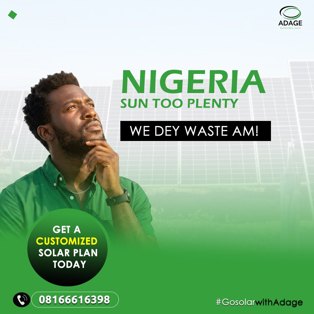 Adage_ng's tweet photo. Normally, light no dey and generator noise dey commot sleep from you and your neighbour eye. Since this year start, our national power grid dey shake. 

But Solar dey silent, e no get fume and e go help you save money in the long run. 

E better for family and our environment. https://t.co/bxaZPd6NxF