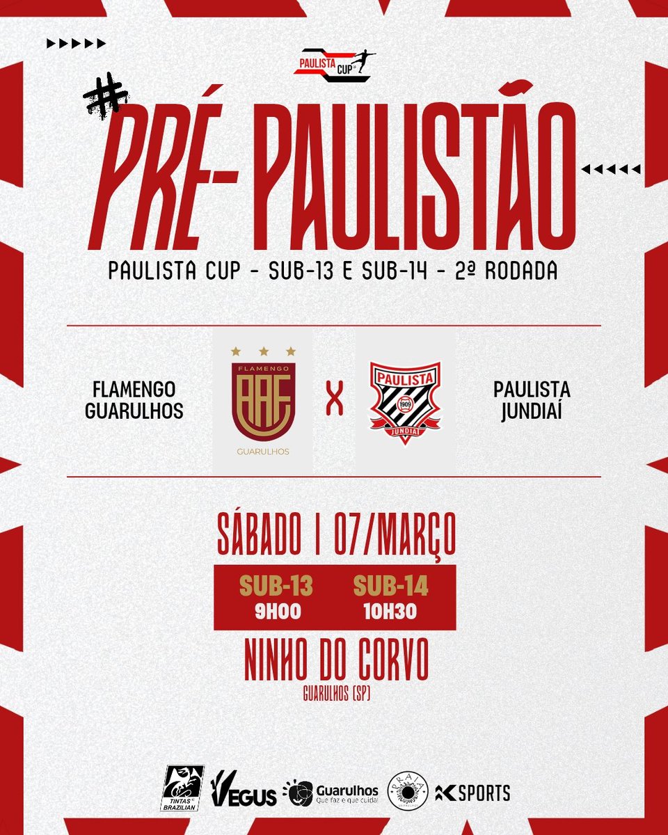 FlaGuarulhos's tweet photo. PRÉ-PAULISTÃO SUB-13/14: Sábado é dia de mais uma batalha!

⚽ Flamengo Guarulhos x Paulista
📅 07/03 (sábado)
⏰ 9h00 (Sub-13) e 10h30 (Sub-14)
🏟 Ninho do Corvo 
📍 Guarulhos (SP)
🎟 Entrada gratuita

#VoaCorvo #TimeDaCidade #GuarulhosÉRubroNegra #CriasDoCorvo https://t.co/iCqKLiD2LG