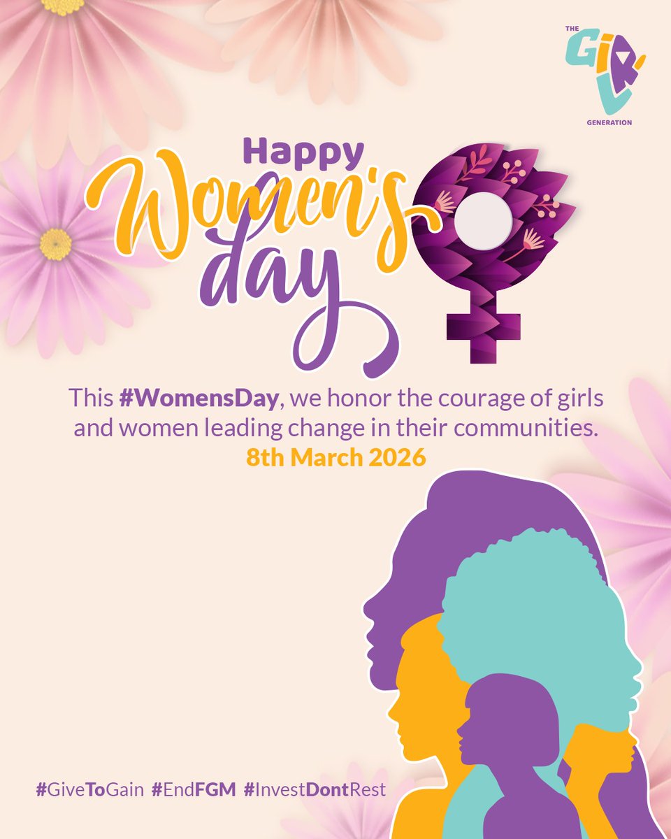 TheGirlGen's tweet photo. Rights. Justice. Action. For ALL Women and Girls. 
This #InternationalWomensDay, we celebrate the courage of women and girls leading change to #EndFGM. To survivors who share their stories and shape this movement, your voices inspire action and bring us closer to a world free from violence.
