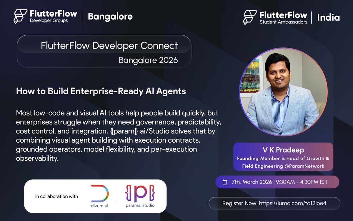 ffdgbangalore's tweet photo. We are honored to announce our Keynote 2 speaker: V K Pradeep, Founding Member &amp; Head of Growth &amp; Field Engineering at ParamNetwork!

He is taking the stage to present "How to Build Enterprise-Ready AI Agents" — covering governance, cost control, and execution observability. https://t.co/JrHyIYhID8