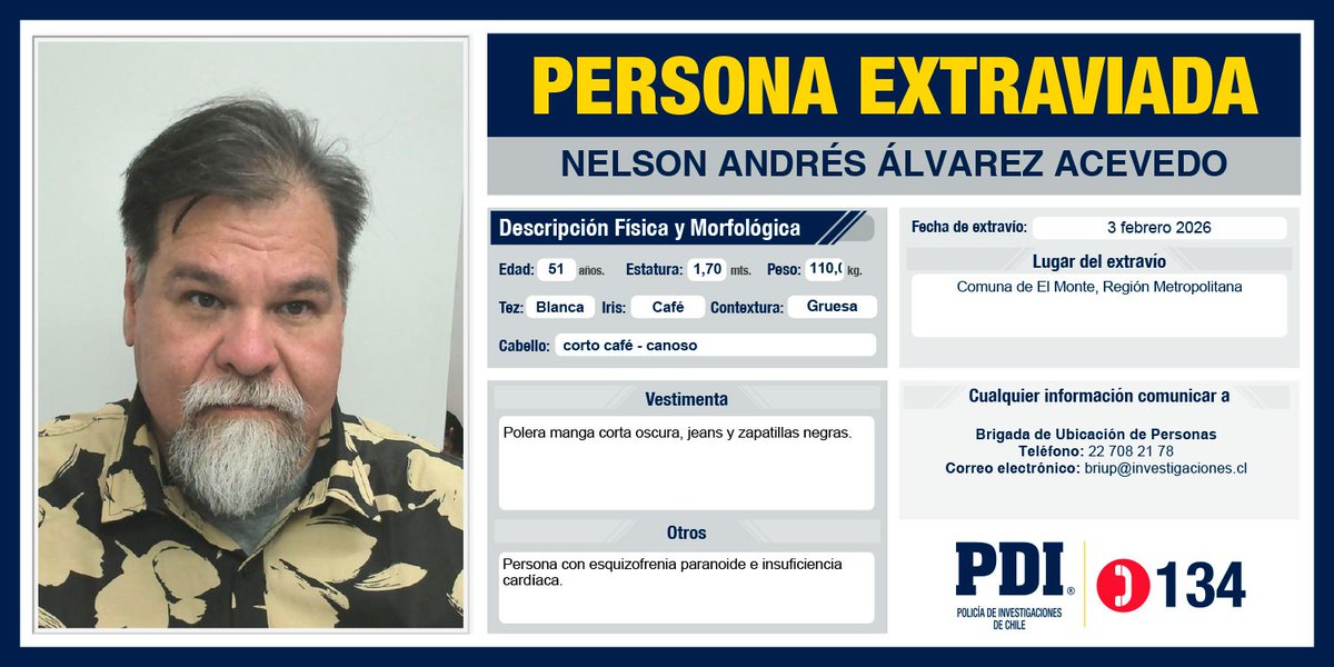 ⭕️Ayúdanos a encontrar a:  Nelson Andrés Álvarez Acevedo, extraviado desde el 3 de febrero de 2026, en la comuna de El Monte, Región Metropolitana.   

Más detalles en: pdichile.cl