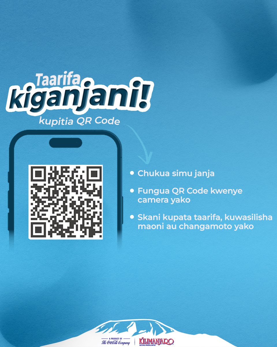 Scan QR Code kwenye label kutoa maoni au kupata maelezo zaidi kuhusu maji ya Kilimanjaro.
#kilimanjaronaturalmineralwater #naturalmineralwater #majiasilia