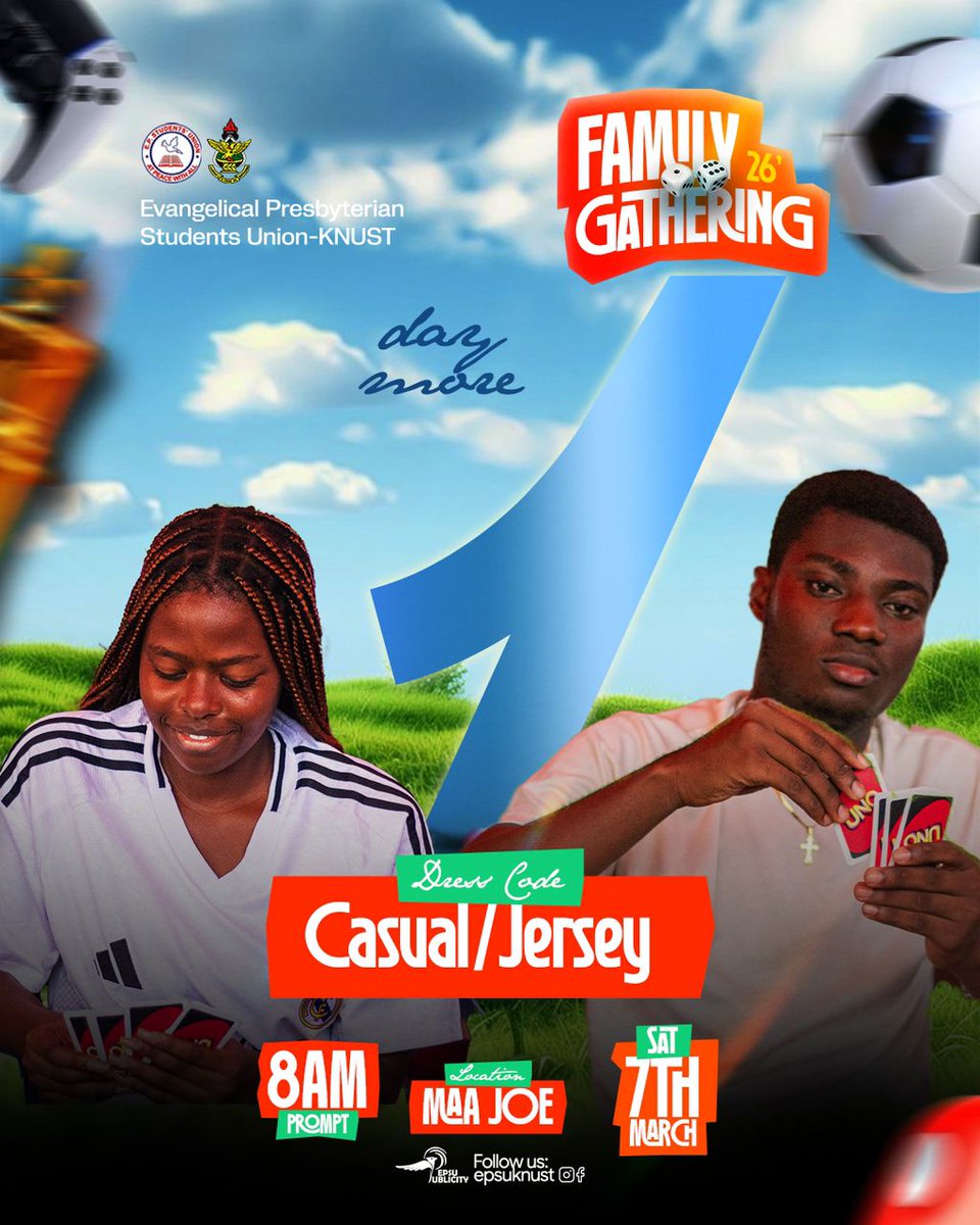 epsuknust's tweet photo. 🎉 FAMILY GATHERING’26

Get ready for the BEST family gathering everrrrr 💃🏽🥳

0️⃣1️⃣ day to go, the clock is ticking ✨🔥☄️

Don’t come alone , Make sure to bring a friend along to the MAAJOE PARK on the 7th of March, 2026❤️😌

#LoveSanctuary❤️💃🏿
#LorrrLorrrrSorrrrr🫂❤️ https://t.co/dI98ZkzIMP
