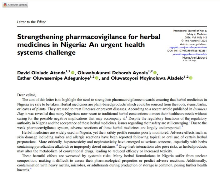 DavifyRx's tweet photo. 🔥 Publication Alert!! 🔥

Co-authored a paper with some Researchers at @YRH_OAU on strengthening pharmacovigilance for alternative medicines in Nigeria 🇳🇬 

Read, reflect, and share.

https://t.co/rDRc8wPOmb

#Nigeria #Pharmacovigilance #PublicHealth #Research #Pharmacy https://t.co/0KLqwwpCse