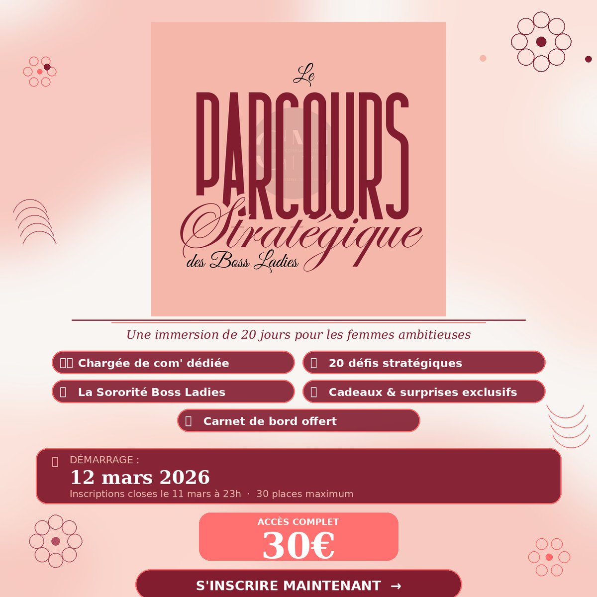 cicitrouillee's tweet photo. On m'a dit que 30€ pour 20 jours d'accompagnement c'était trop peu cher pour être sérieux. 🙃
J'aurais pu mettre 300€, ajouter un countdown timer et une page de vente avec 47 témoignages.
Mais j'ai préféré rester moi.
Donc voilà : 30€. 20 jours. Moi, dispo pour toi comme si t'étais mon unique cliente. Un carnet de bord. Une communauté de femmes qui ne se tirent pas dans les pattes.
Le prcs Stratégique des Boss Ladies démarre le 12 mars.
Les inscriptions ferment le 11 mars. 30 places. :)