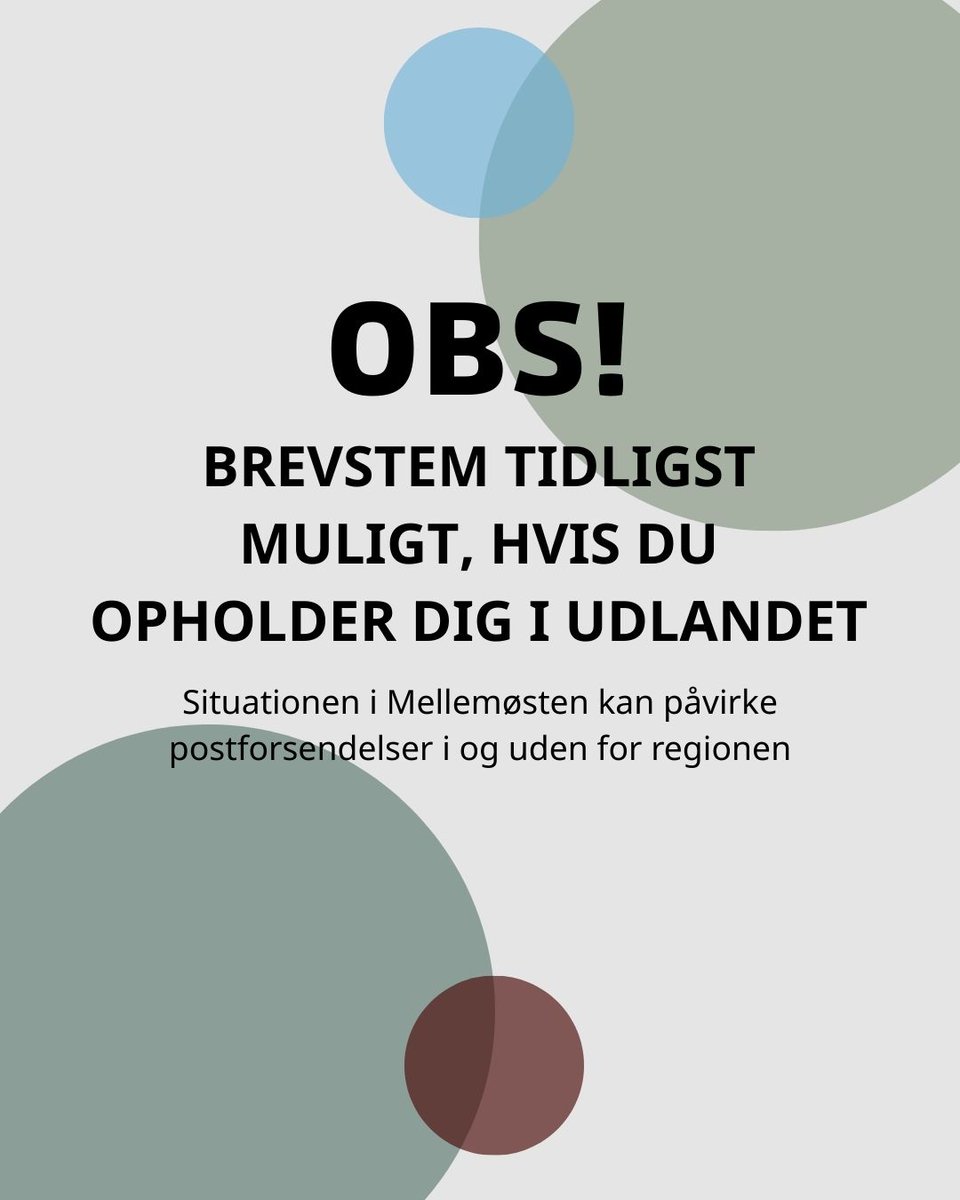 DanishMFA's tweet photo. VIGTIG INFO OM BREVSTEMMER!
 
Situationen i Mellemøsten kan påvirke muligheden for at brevstemme i udlandet – og for at brevstemmerne når frem i tide.
 
Derfor opfordres stemmeberettigede borgere i udlandet til at stemme tidligst muligt. 
 
Læs mere her 👉https://t.co/wexOul57yw https://t.co/ikgOjVGp75