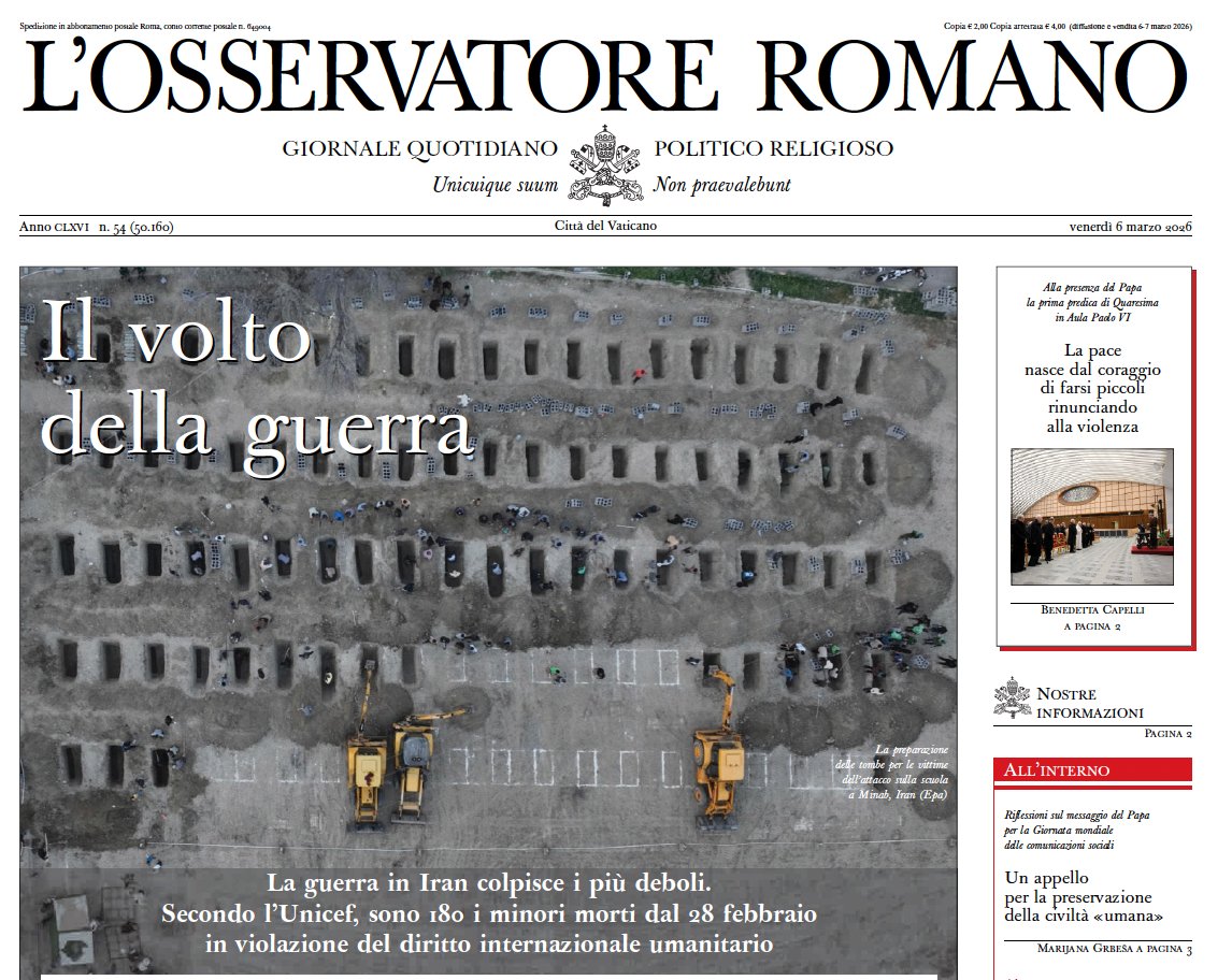 #PrimaPagina 
Il volto della guerra
La guerra in Iran colpisce i più deboli.
Secondo l’Unicef, sono 180 i minori morti dal 28 febbraio in violazione del diritto internazionale umanitario
osservatoreromano.va/it/news/2026-0…