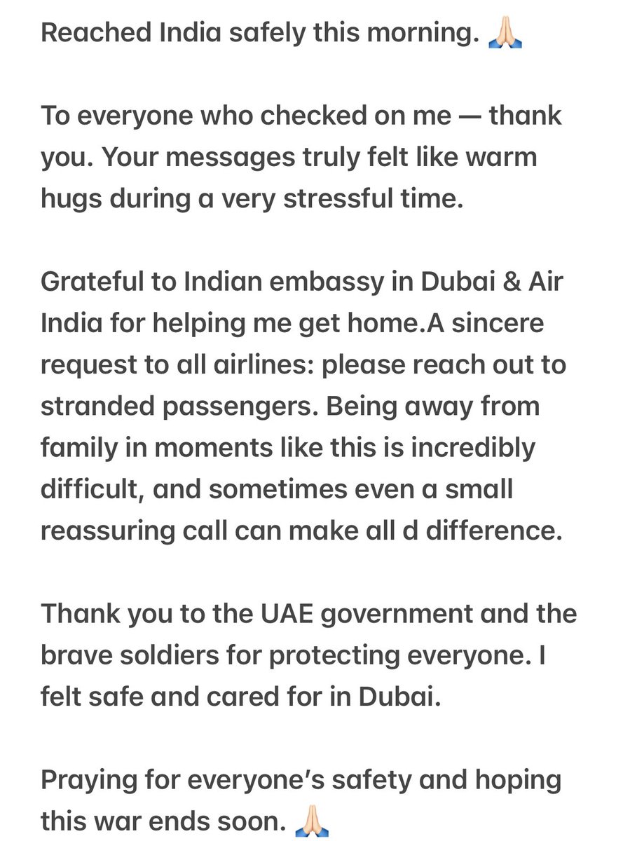 itsmerichapanai's tweet photo. Thank you @IndembAbuDhabi @airindia @UAEmediaoffice
#Gratitude #SafeAndHome #Thankful #AirIndia #Dubai #UAE #StaySafe #PrayersForPeace #WarToPeace #HumanityFirst https://t.co/t52KF5AUbI