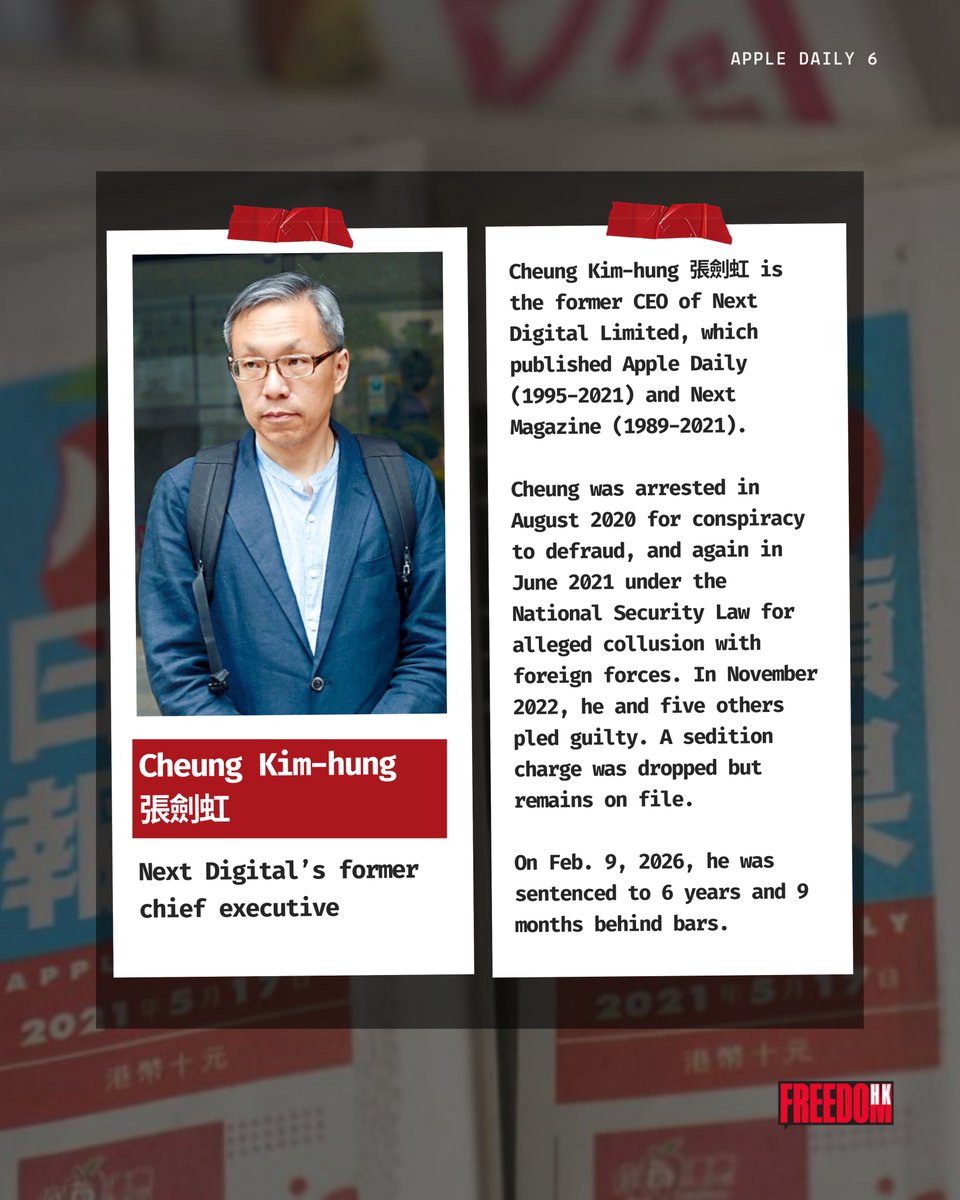 thecfhk's tweet photo. Cheung Kim-hung 張劍虹, former #AppleDaily lead editorial writer, has already spent nearly 5 years in prison on a bogus national security charge. 

On Feb. 9, 2026, he was sentenced to 7 years and 3 months in prison.    
  
His prosecution and imprisonment for "foreign collusion" send a chilling message to journalists in #HongKong — reporting the news can come at an extraordinary personal cost.    
  
We call for his immediate release.