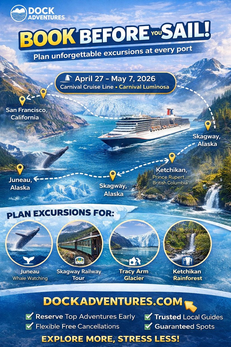 DockAdventures's tweet photo. Cruise Adventure Planner

Cruise Line: Carnival Cruise Line
Ship: Carnival Luminosa
Sail Date: April 27, 2026 – 10 Nights
Ports to Explore
📍 San Francisco, California
📍 Juneau, Alaska
📍 Skagway, Alaska
📍 Tracy Arm, Alaska
📍 Ketchikan, Alaska
📍 Prince Rupert, British Columbia

#DockAdventures #cruiselife #Alaska #TravelDiaries #adventures @CarnivalCruise