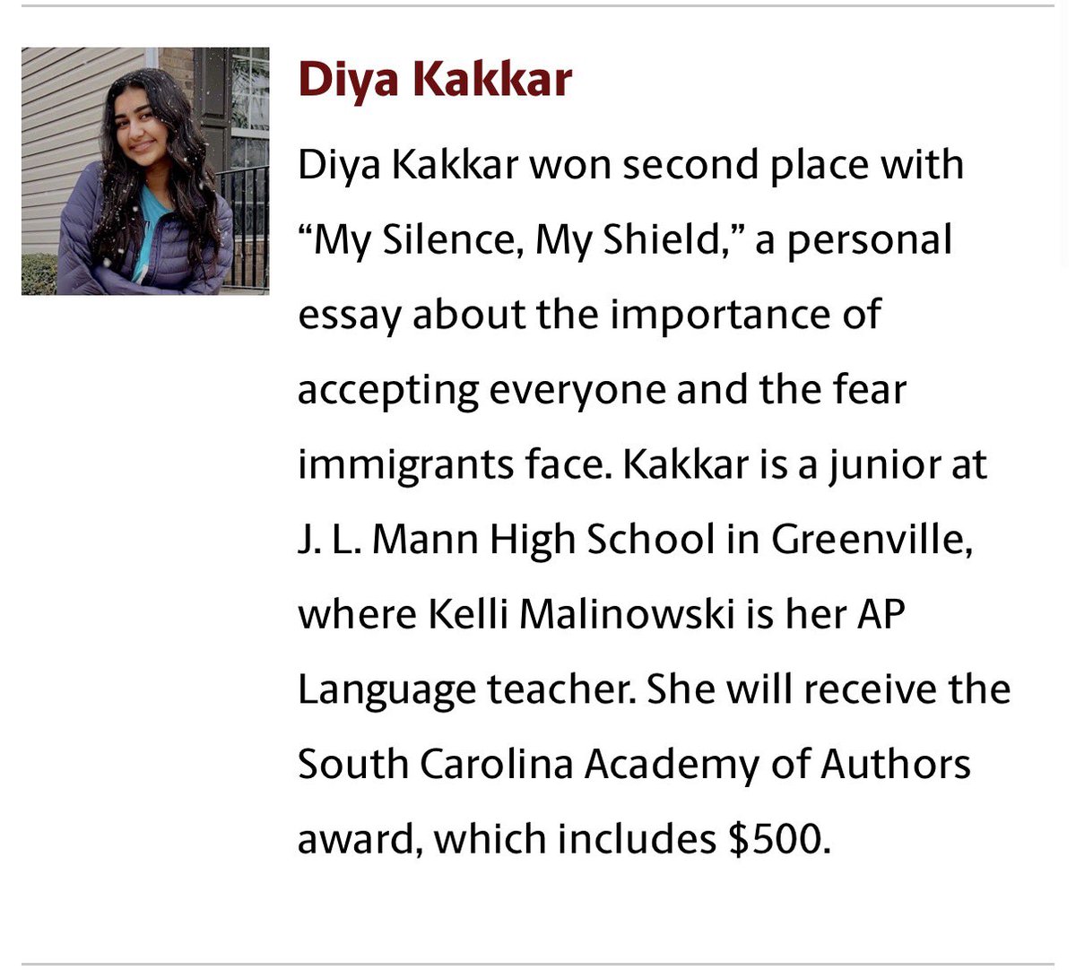 JLMannHigh's tweet photo. JLM student, Diya Kakkar, has won second place in the 13th annual SC High School Writing Contest, presented every year by the SC Honors College at USC in Columbia. They had more than 300 submissions this year, so this is a huge honor for Diya and our school! Congrats Diya! https://t.co/NsuP77jqmr