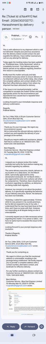 pbtmishra86's tweet photo. @BlueDart_ @SoniaNair10 @sonianairbd @DHLGlobal Harassed for the last 6 days due to non-delivery of my shipment. Status is repeatedly marked as “Prohibited Area / Entry Restricted” which is completely false as deliveries happen here regularly. No delivery attempt or contact made. https://t.co/ezDUaIUze5