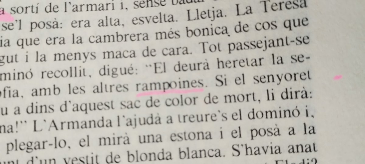 Qué emoción, cuando leo a Rodoreda (también me pasa con Pla), encontrar palabras que solo le había oído a mí padre, como "rampoina" (trasto, cosa vieja e inservible) 🥲
Pregunta a quienes vivís en Cataluña: ¿todavía se usa?