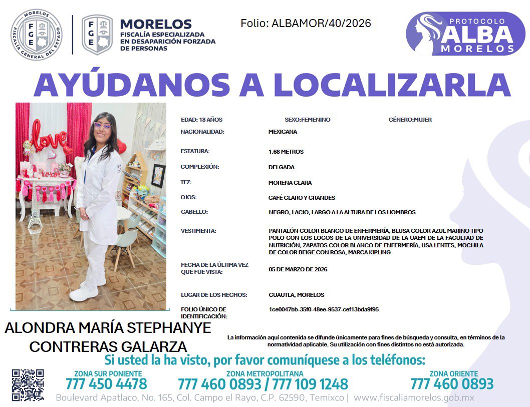 Multimagen_Info's tweet photo. *ACTIVACIÓN DE BÚSQUEDA URGENTE*
Fiscalía Morelos solicita su colaboración para localizar a Alondra María Stephanye Contreras Galarza de 18 años de edad. #Morelos #Cuernavaca #AlertaMundial #AlertaAmbar # https://t.co/wJH9qE05xj