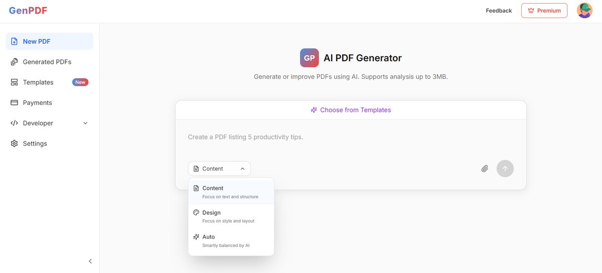 debugsenpai's tweet photo. Just added different modes in my AI PDF generator:

• Content – agent focuses on text and structure
• Design – focuses on layout and styling
• Auto – AI decides the best balance https://t.co/2HlzAO1Xt0