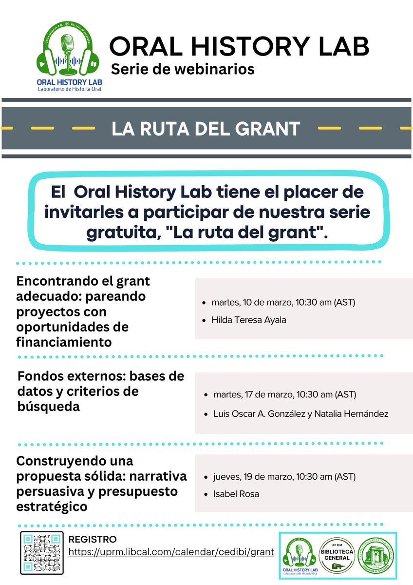 ohl_uprm's tweet image. Through the series “La ruta del grant”, three workshops will be offered focusing on key aspects of the application process for obtaining external funding. The program is designed for cultural and documentation initiatives, as well as mutual aid groups.