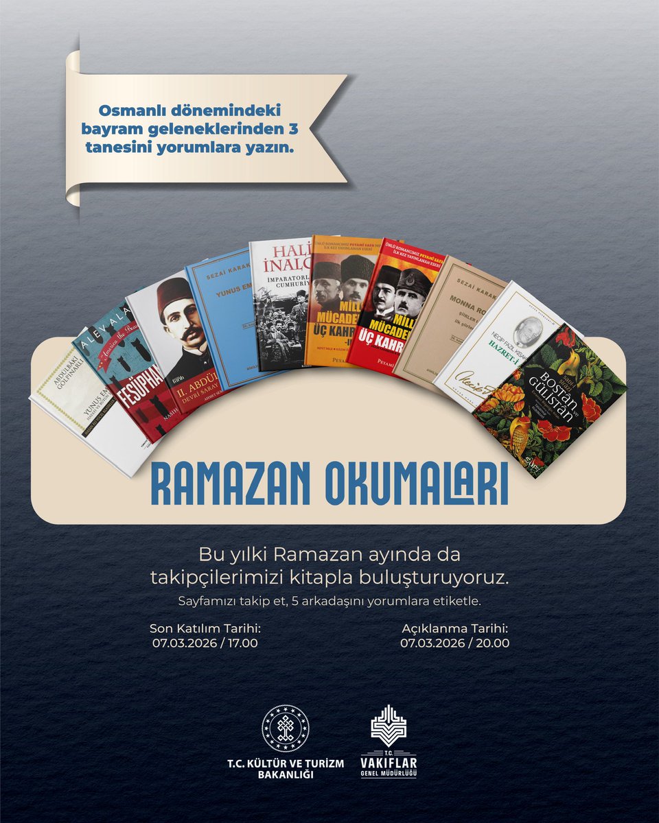 Geleneksel Ramazan ayı okumalarımızın bu yılki ikinci çekilişi başladı! 

Osmanlı döneminde bayramlarda yapılan geleneksel uygulamalardan 3 tanesini yorumlara yazın, sayfamızı takip edin ve 5 arkadaşınızı etiketleyerek çekilişimize katılın.

Çekilişimiz, 7 Mart Cumartesi günü