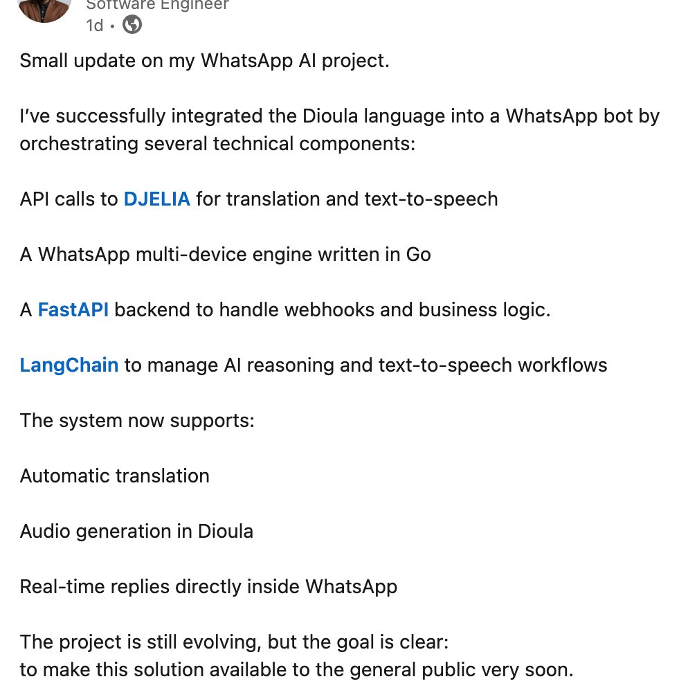 djeliia's tweet photo. 🚀 Un développeur vient de créer un bot IA WhatsApp en Dioula/Bambara en utilisant @djeliia.

Traduction automatique ✅
Text-to-Speech ✅
Réponses en temps réel dans WhatsApp ✅

C’est exactement pour cela que #DJELIA existe:
Faciliter la création de produits IA dans les langues africaines.

Développeurs, ONG, Adminstrations à vous de jouer.

👉 Commencez maintenant: https://t.co/f3WA9QkMC9 

#DJELIA #AfricanAI #BuildInPublic #build #IA #LangueAfricaines