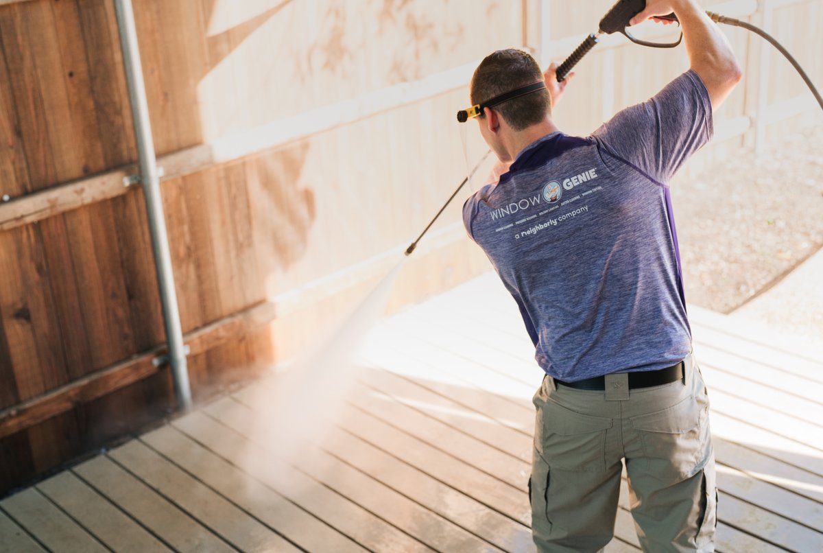 TheWindowGenie's tweet image. Thinking about refreshing your deck this spring? 🤔 Using the wrong pressure or technique can damage surfaces. Window Genie® uses a soft pressure washing approach designed for exterior cleaning.

#WindowGenie #Neighborly #PressureWashing #SpringMaintenance