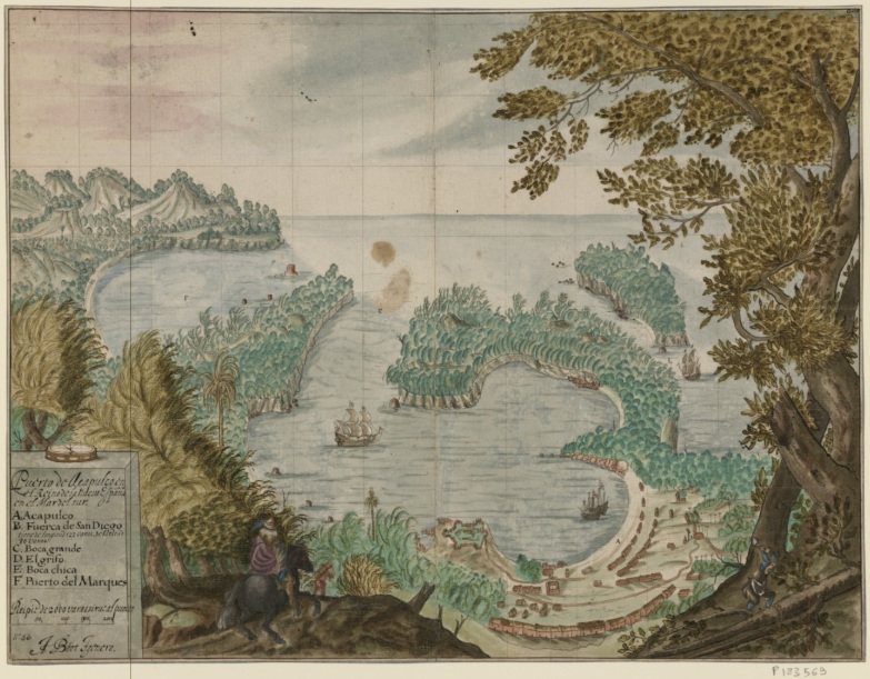 Litografía del Puerto de Acapulco en el reino de la Nueva España.
#Acapulco