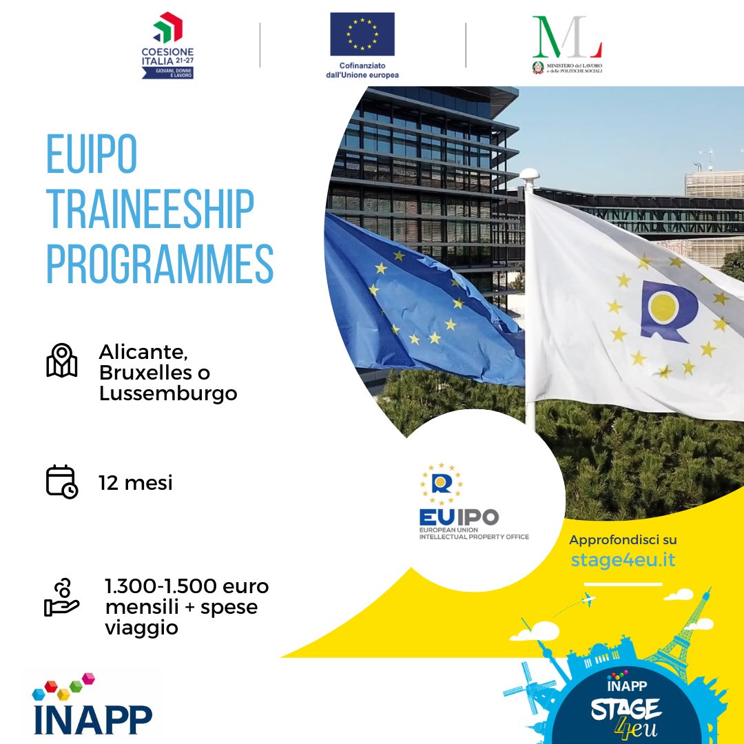 🇪🇺 L'EUIPO cerca tirocinanti!

Tirocini da 12 mesi ad Alicante, Bruxelles e Lussemburgo per laureati in diverse discipline (inglese B2).

📅 Scadenza: 31 marzo 2026

➡️ bit.ly/4aZ9Nje

#EUIPO #Stage4EU #TirocinioEU