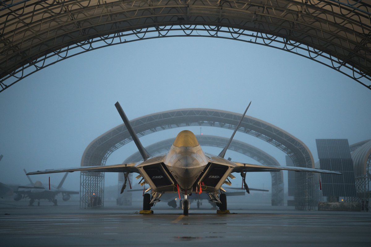 refueled's tweet image. F-22 is parked on the flightline on a foggy morning at Joint Base Langley Eustis, Virginia.