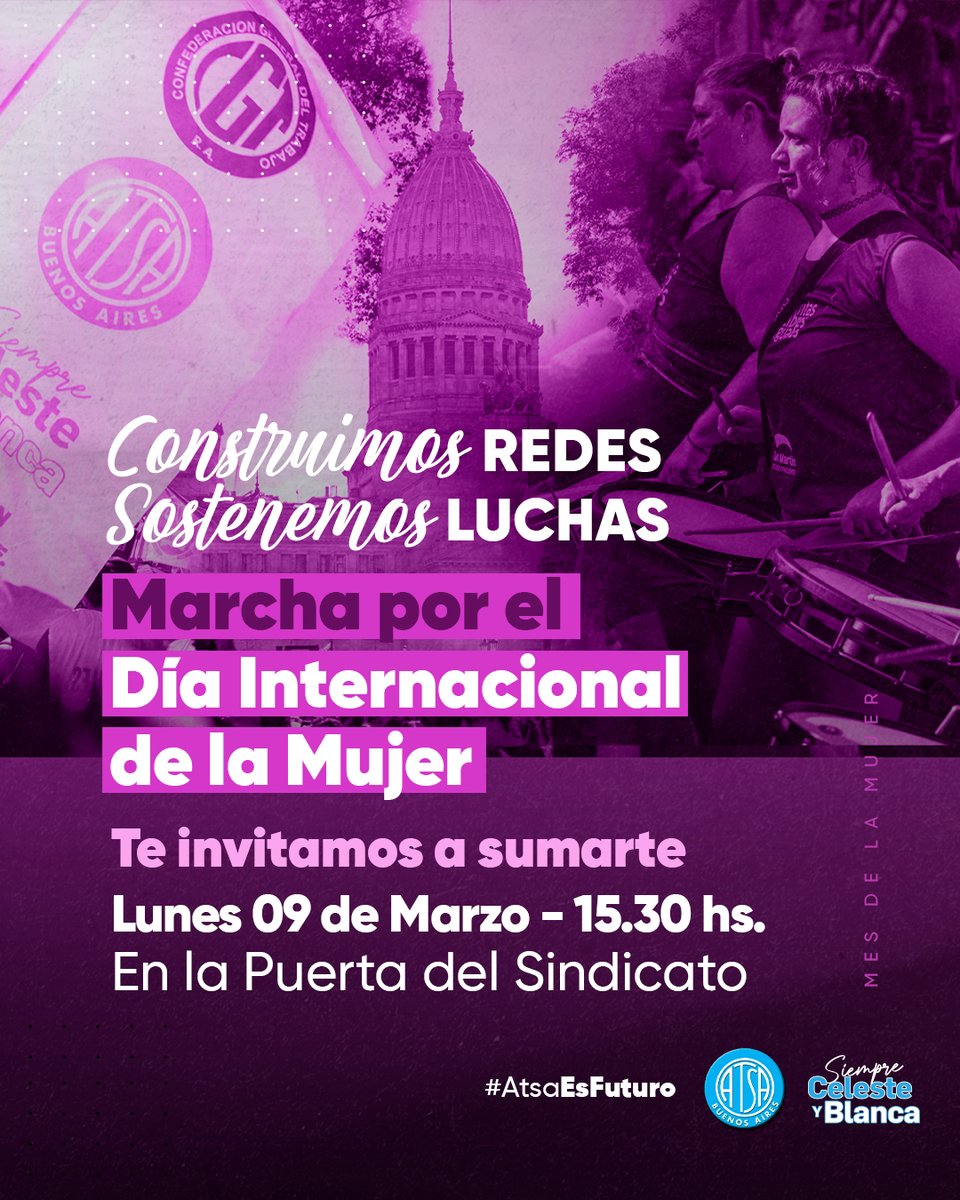 Este 9/3 marchamos juntas ✊💙

Las trabajadoras de Sanidad salimos a defender derechos y a seguir construyendo un sindicato con más participación e igualdad.

📅 Lunes 9/3
📍 Saavedra 166 – CABA
⌚ 15:30
Tu voz es fundamental.
#SiempreJuntos