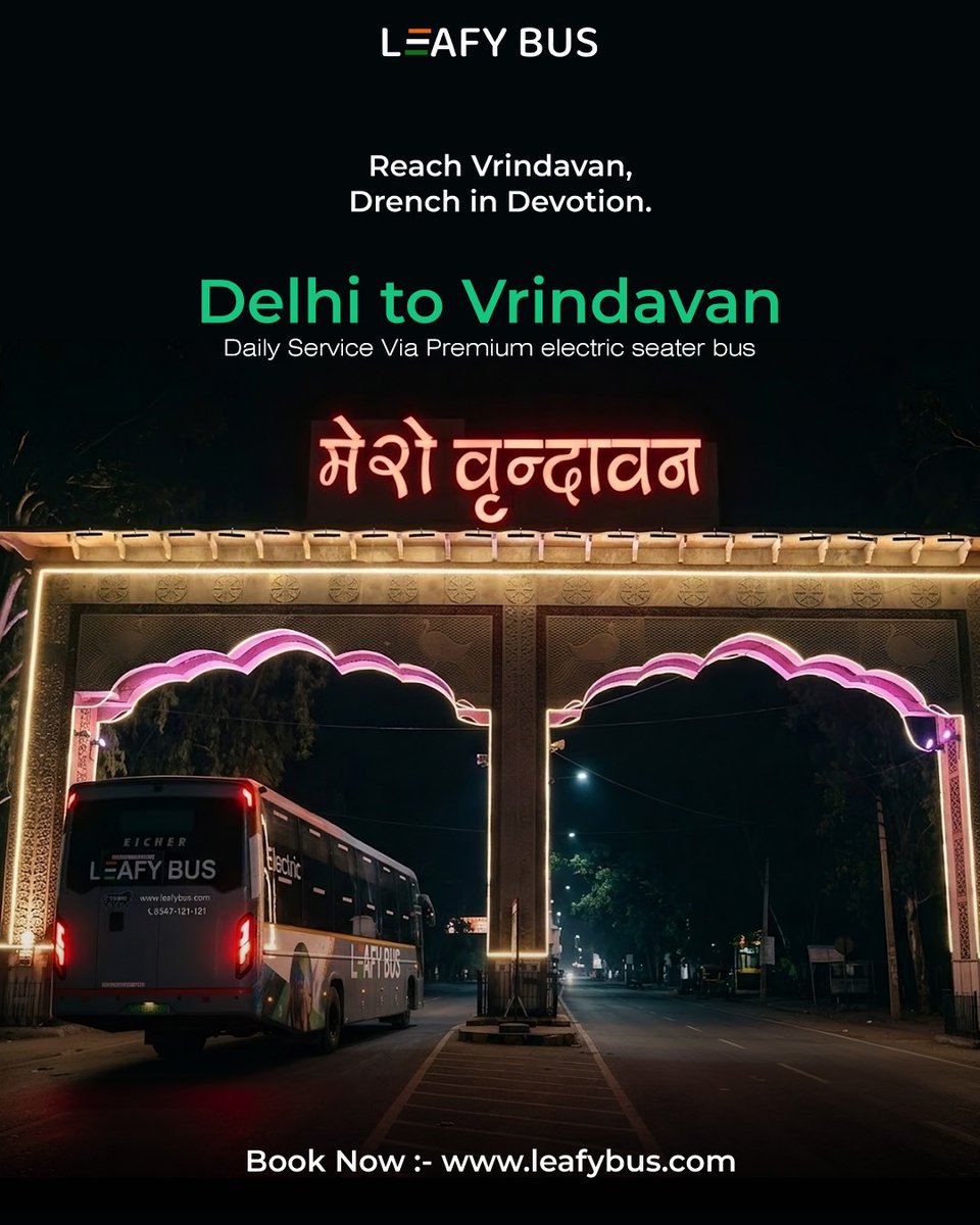 Leafy_Bus's tweet photo. Delhi to Vrindavan the greener way ride with Leafy Bus,  premium electric seater and travel comfortably to the land of devotion.

#DelhiToVrindavan #LeafyBus #EcoTravel
#Electrictravel #Sustainabletravel https://t.co/cFD2LBLq3B
