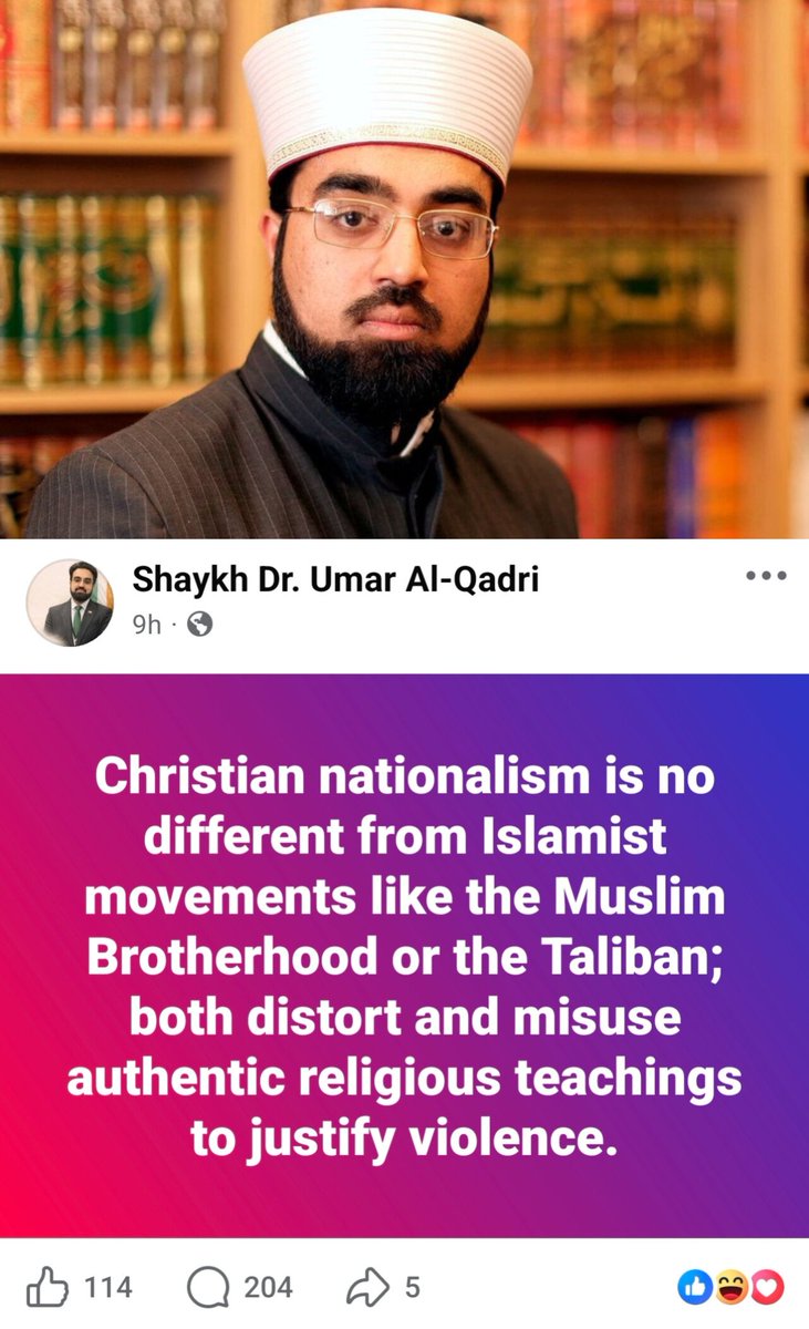 Mick_O_Keeffe's tweet photo. The cheek of this sheikh! 

Pakistani immigrant Umar-al-Qadri has gone full mask off, equating Christian Nationalism to radical islamic terrorist organizations. 

This man was granted Irish citizenship in 2025. https://t.co/HA0ERQGWI9